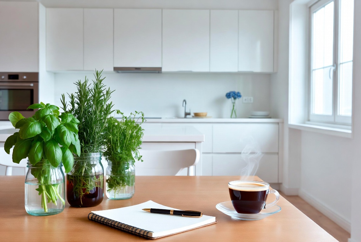 Cocina minimalista moderna con mesa de madera, hierbas frescas en frascos y cuaderno abierto bajo luz natural